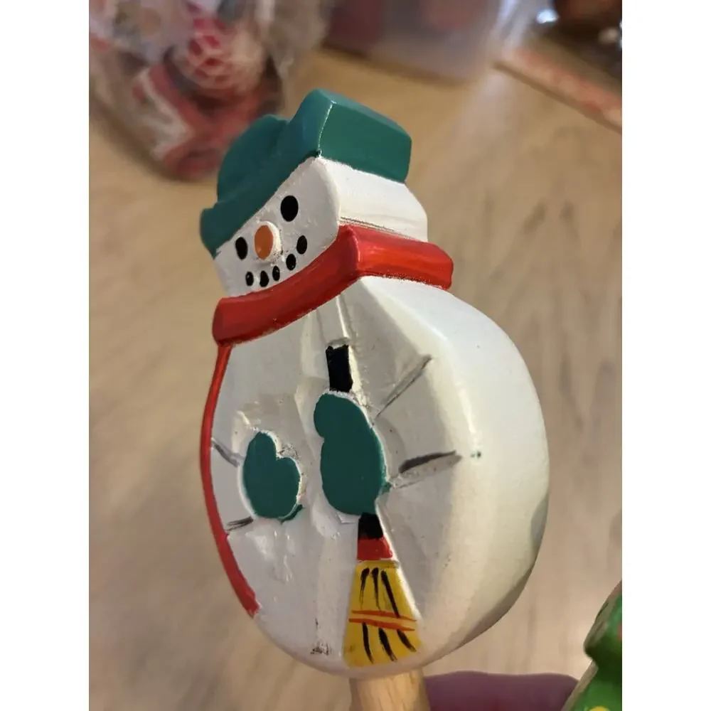 Christmas Serving Spoon Fork Hand Painted Wood Snowman Tree Salad Pasta Holiday